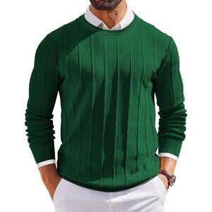 Men’s Crew Neck Sweater Long Sleeve Ribbed Knit Slim Fit Pullover Green Dress
